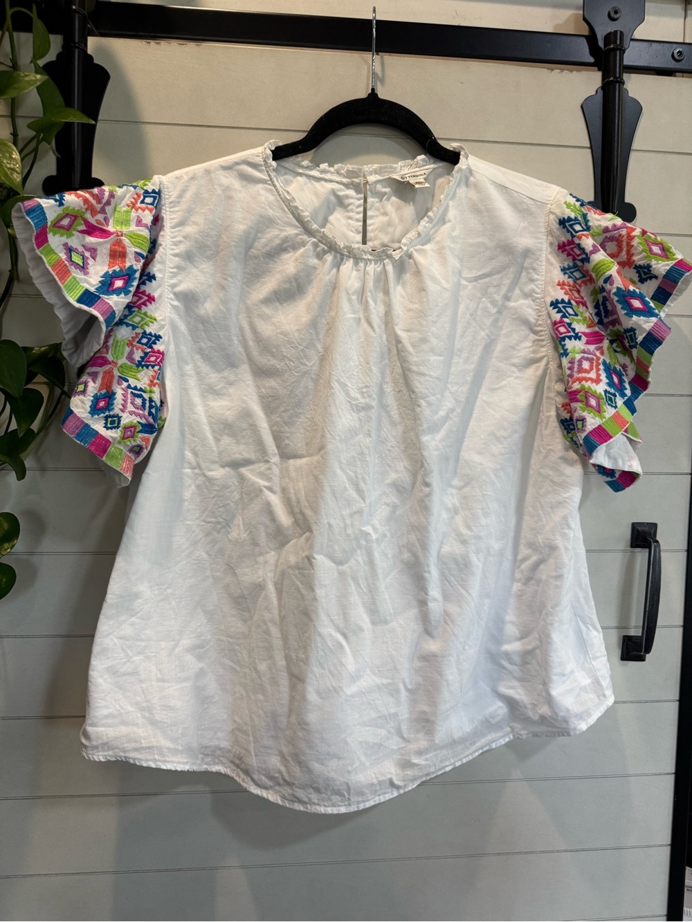 Versona White Top with Multicolor Embroidered Flutter Sleeves